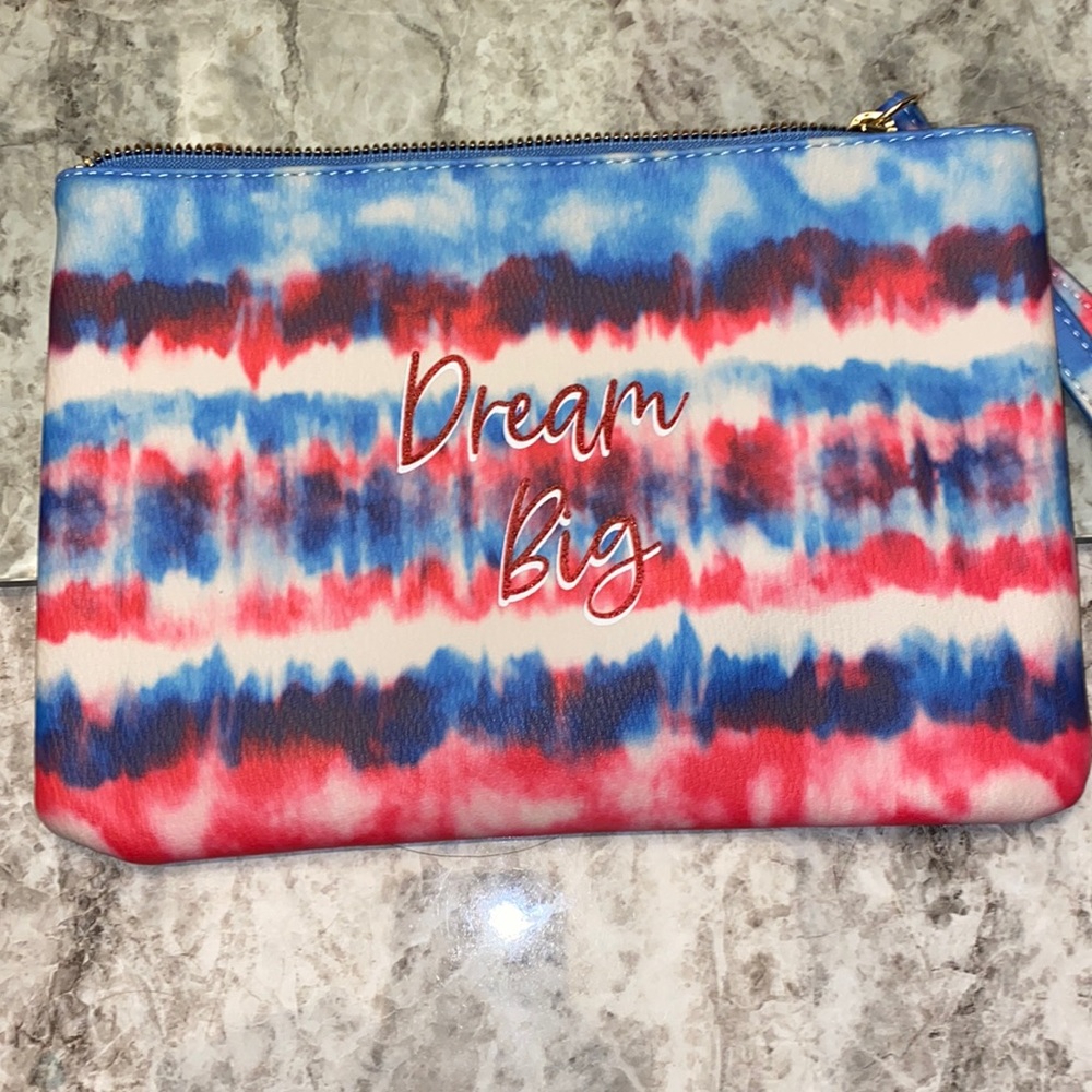 NEW! BETSEY JOHNSON Dream Big Wristlet Pouch Tie Dye Pink & Blue Faux Leather